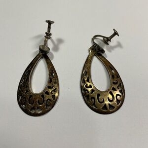 Sterling Silver Mexican Screw Back Dangle Teardrop Shaped Earrings. 2”